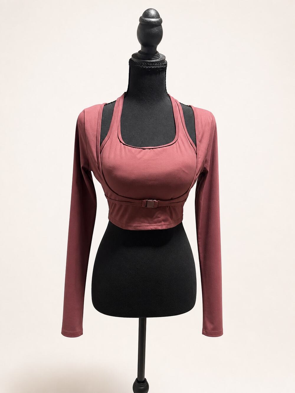 Halara Burgundy Layered Long Sleeve Athletic Crop Top Women's M Buckle Detail